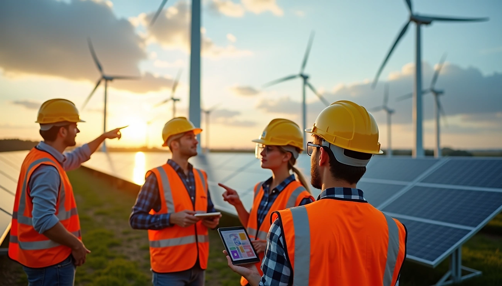 Engineers in high-visibility vests and hard hats discuss operations at a renewable energy site, surrounded by solar panels and wind turbines during sunset.