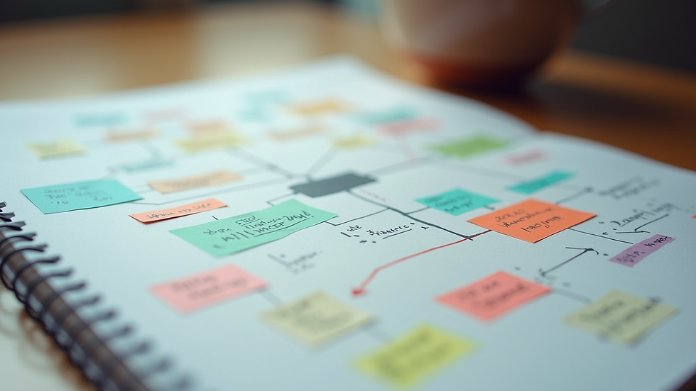 Close-up view of a notebook with a mind map and colorful notes