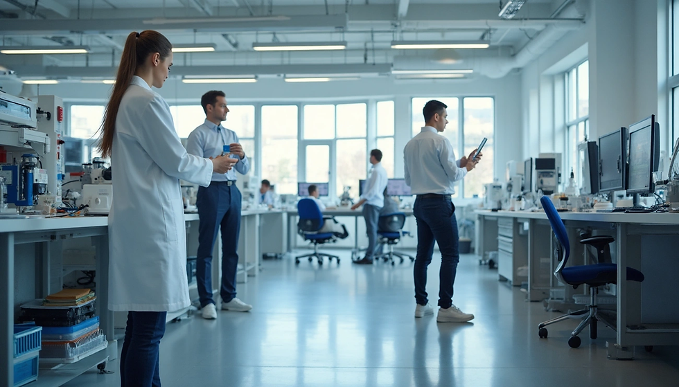 Scientists and researchers collaborate and analyze data in a modern laboratory, surrounded by advanced equipment and computers.