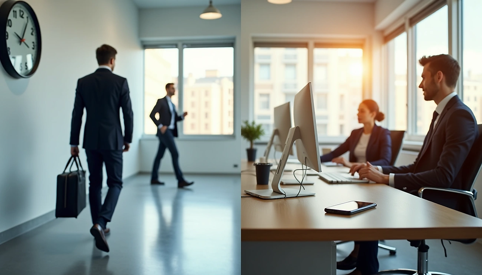 Business professionals navigating a modern office environment, while sunlight streams through large windows, creating a productive and inspiring workspace.
