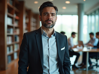 A confident professional stands in a modern office setting, with colleagues collaborating in the background, capturing the essence of leadership and teamwork in a dynamic work environment.