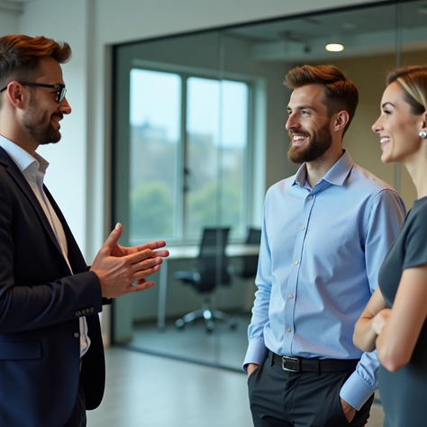 A group of colleagues engages in a lively discussion in a modern office setting, highlighting teamwork and collaboration.