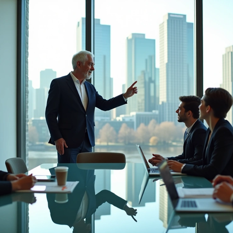 A business professional leads a dynamic presentation in a modern boardroom, engaging colleagues as they discuss financial data displayed on a screen, with a cityscape view accentuating the backdrop.