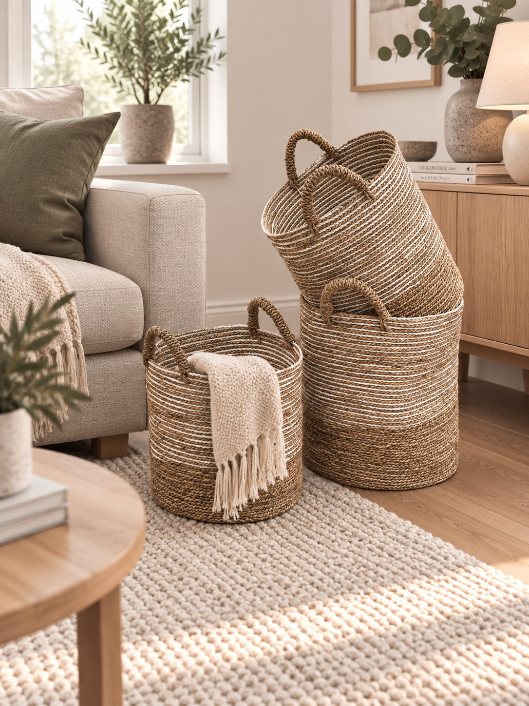 SK265 Natural/White Stripe Tall Basket (Set of 3)