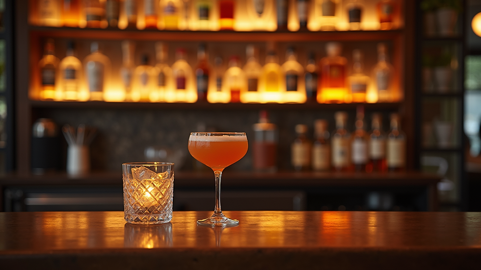 Eye-level view of a cozy bar setting with drinks on the counter