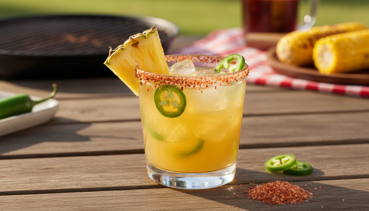 Close-up view of a pineapple jalapeño margarita with a chilli salt rim.
