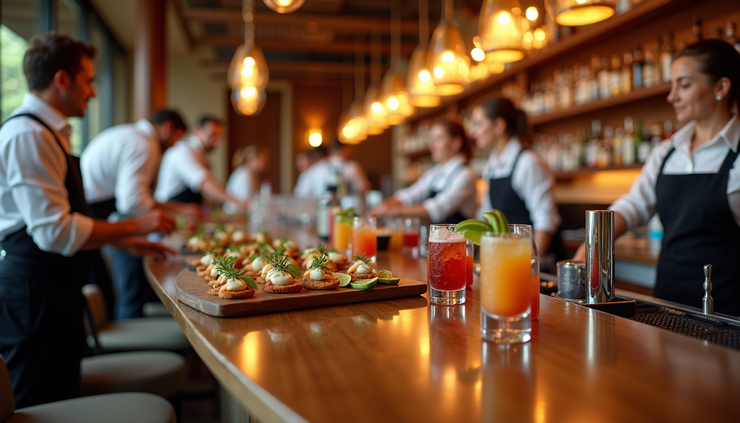 Eye-level view of a busy hotel bar counter with colorful cocktails and appetizers
