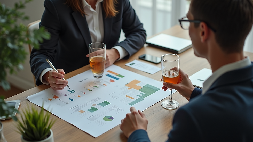 High angle view of a consultant discussing beverage plans with a client