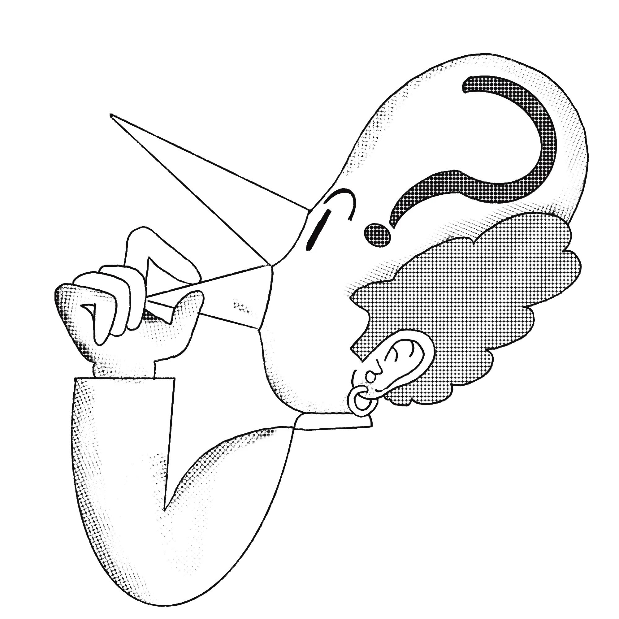 half tone bird man thinking with question mark on head