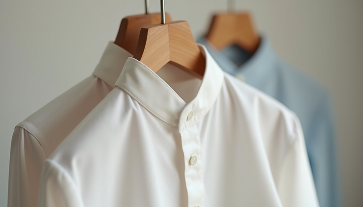 Eye-level view of a mandarin collar shirt displayed on a wooden hanger against a neutral background