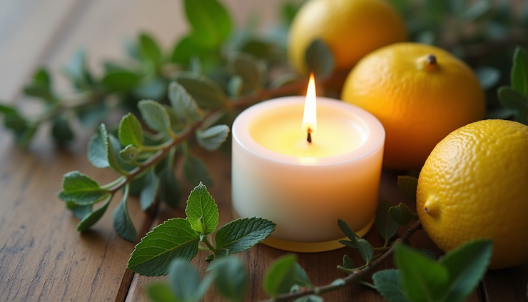 Close-up view of a lit massage candle with fresh essential oils and smooth stones on a wooden surface