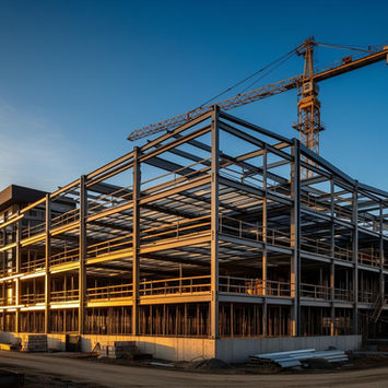 Steel building frame under construction with a crane at sunset