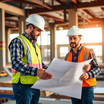 Two construction workers in hard hats reviewing blueprints