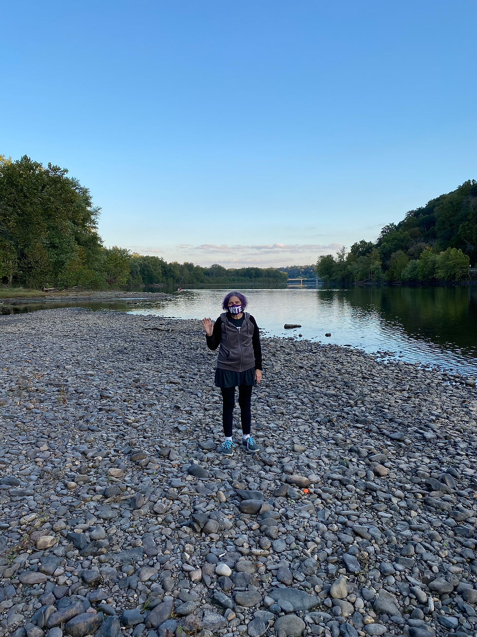 my purple haired mother, standing in the Delaware River, with a mask telling us to VOTE. I am a fortunate son.