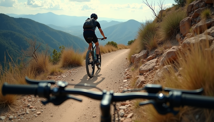 Eye-level view of a rugged mountain trail with a loaded touring bike resting against a rock