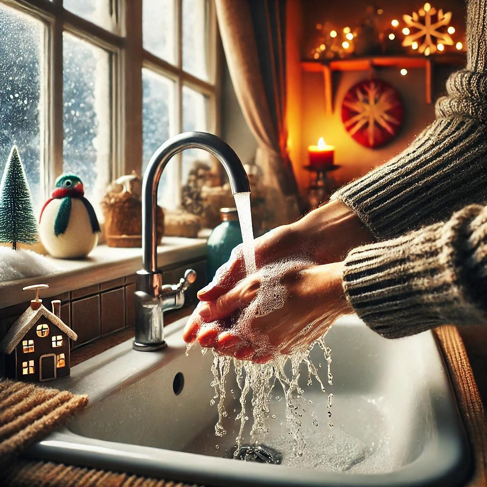 "Winter hygiene practices for immunity, showing handwashing to prevent illness during colder months.