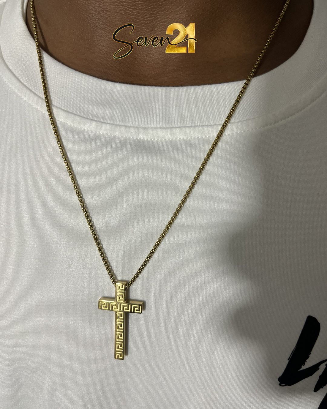 Stainless steel cross print necklace - gold