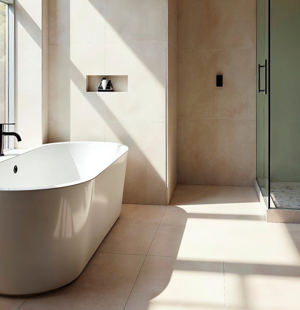 On voit une salle de bain carrelée. Il y a une baignoire et une douche