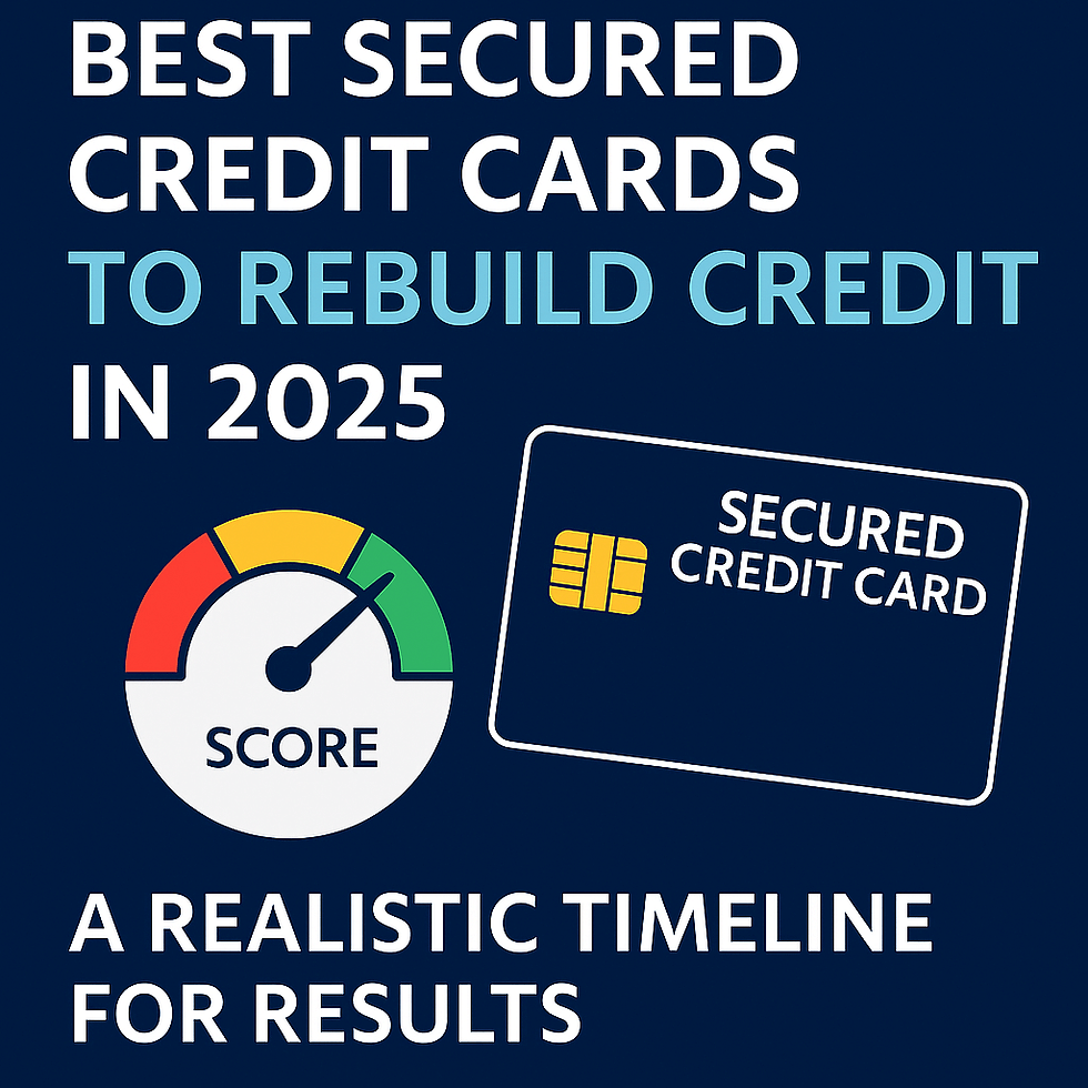 Graphic promoting the best secured credit cards to rebuild credit in 2025, featuring a credit score gauge, secured card icon, and text highlighting a realistic timeline for results.