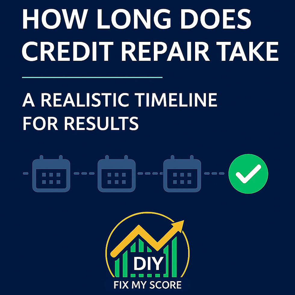 DIY Fix My Score blog header showing timeline icons and headline 'How Long Does Credit Repair Take? A Realistic Timeline for Results' in a branded color-blocked layout.