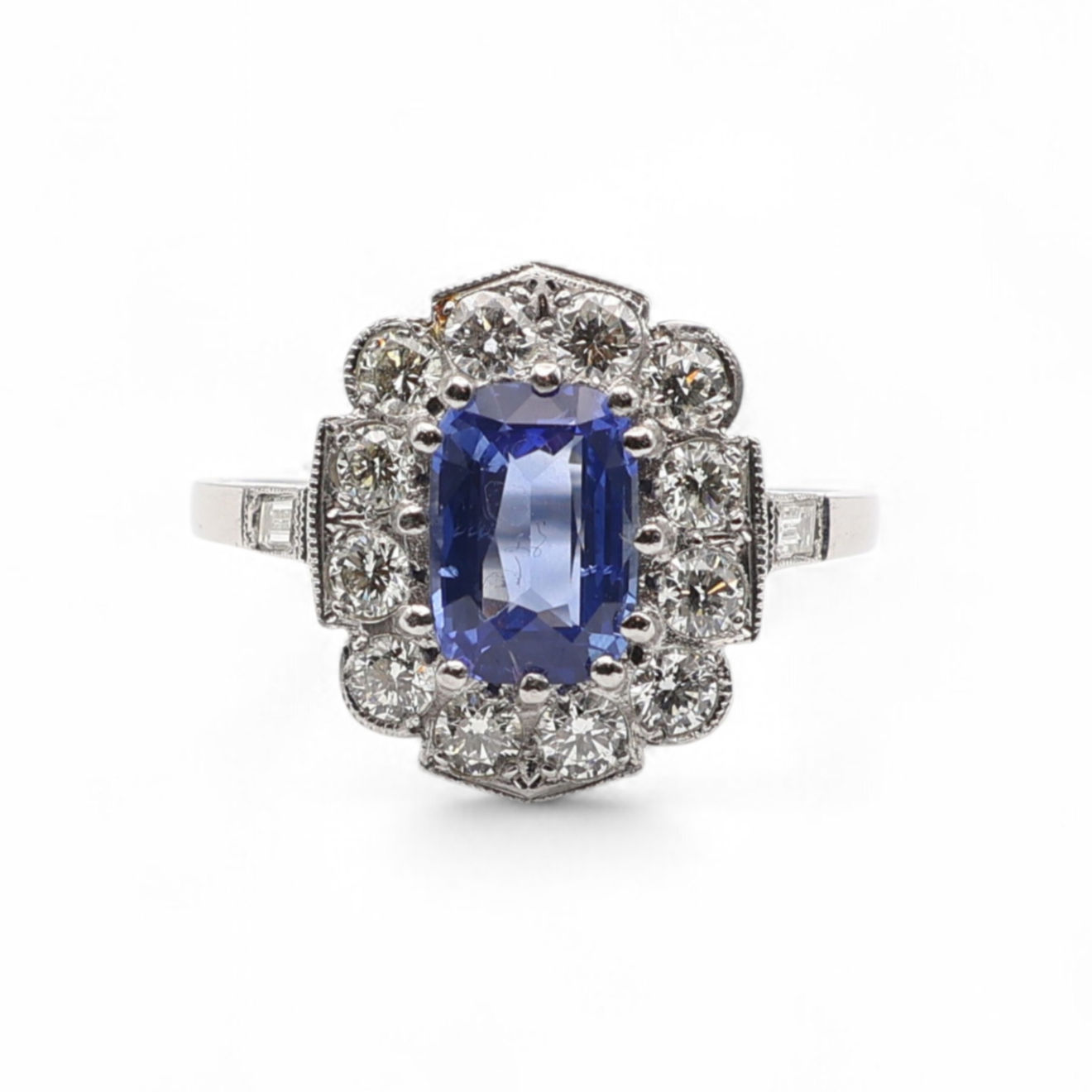 Platinum Cushion-Cut Sapphire & Diamond Ring – 1.40ct Blue Sapphire