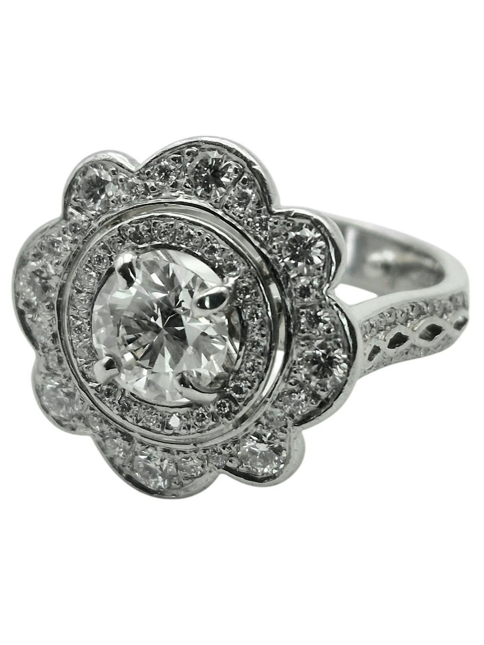 Thumbnail: Vintage-Inspired Platinum Diamond Floral Halo Ring