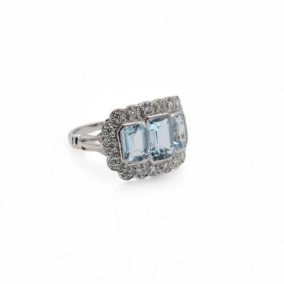 Thumbnail: 3 Stone Art Deco Style Aquamarine & Diamond Ring — 18ct White Gold