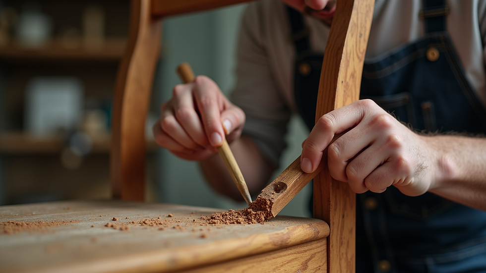 Eye-level view of a craftsman carving intricate details on a wooden chair