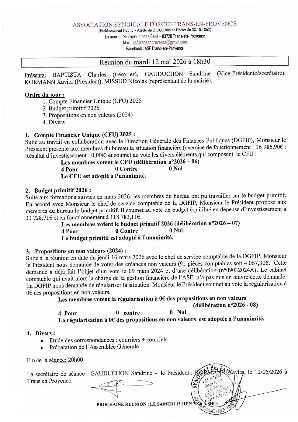 LA VILLE DE TRANS-EN-PROVENCE VOTE LES DÉCISION DE L'ASSOCIATION