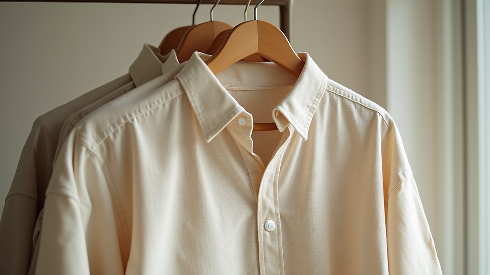 Eye-level view of a beige linen shirt hanging on a wooden hanger