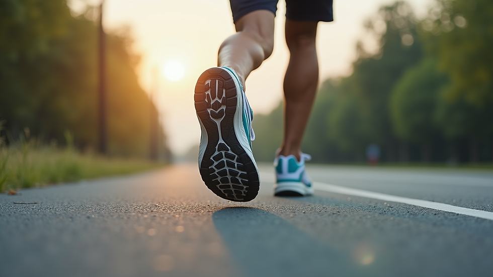 Close-up view of men's running shoes on a pavement