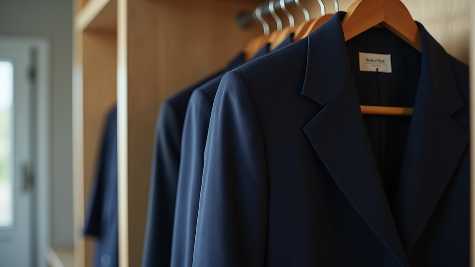 Close-up of a navy blazer hanging on a wooden hanger in a minimalist closet