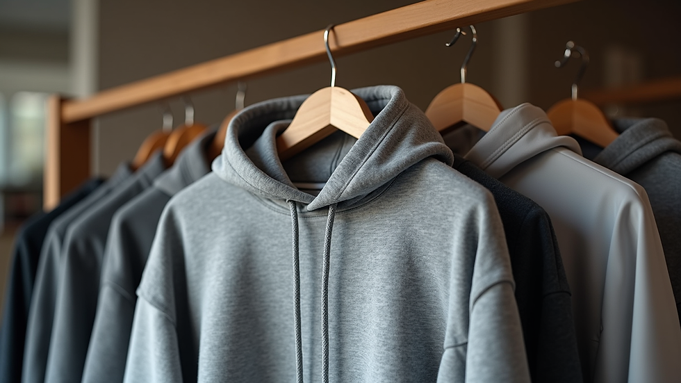Eye-level view of a cozy grey hoodie hanging on a wooden rack