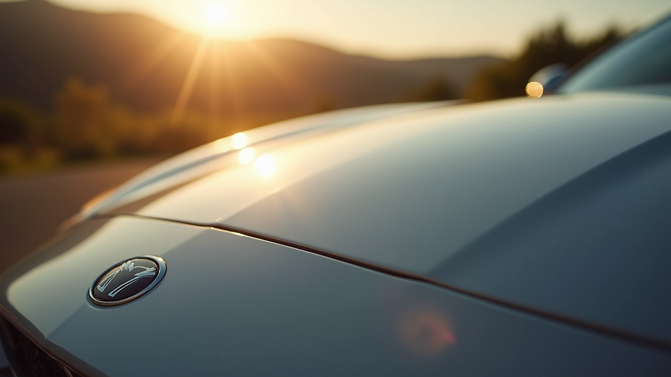 Close-up view of a shiny car hood reflecting sunlight
