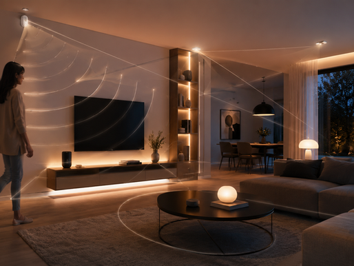 Smart motion and presence sensors controlling lights automatically in a modern living room