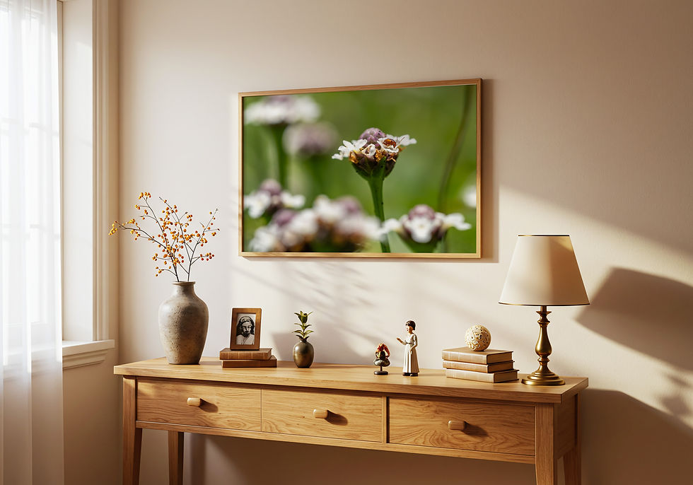 Thumbnail: Frogfruit Leaper (Landscape) framed print above a light wood side table