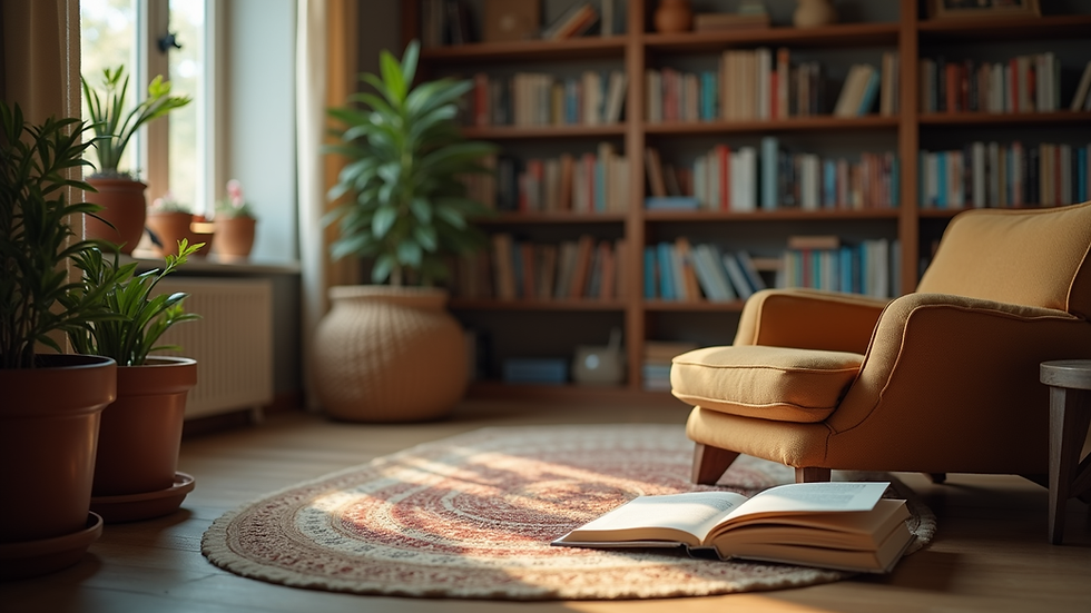 Eye-level view of a cozy reading nook with books and educational materials