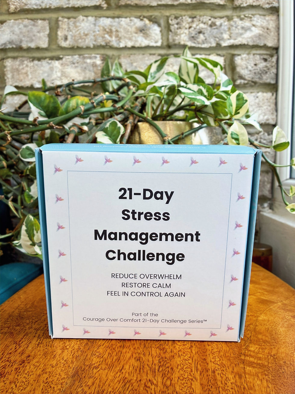 Stress Management Challenge box on wooden table with green plant in background