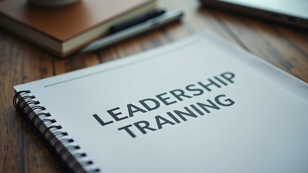 Close-up view of a leadership training workbook on a table