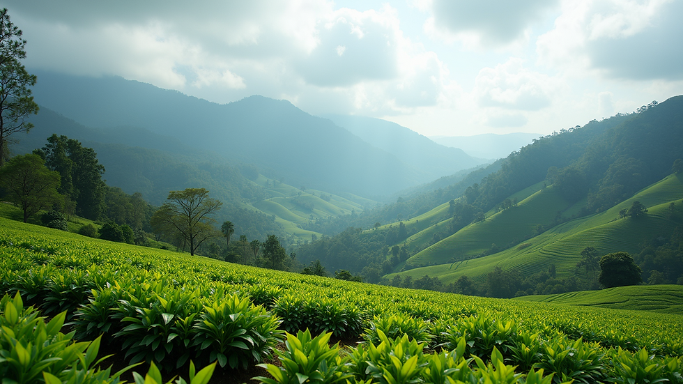 Wide angle view of Wayanad mountains and tea plantations