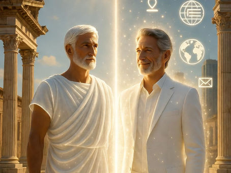 Un candidato romano con toga blanca candida junto a un profesional moderno vestido de blanco, separados por un rayo de luz brillante. Arriba se lee “CANDIDATE – La brillante historia de vestir de blanco”. Imagen simbólica que representa el origen de la palabra candidato en la Antigua Roma.