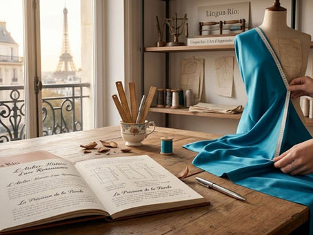 Mesa de trabajo de un atelier de moda en París con herramientas de costura, maniquí con tela azul y libro abierto titulado 'L'Atelier Artisan', con la Torre Eiffel de fondo