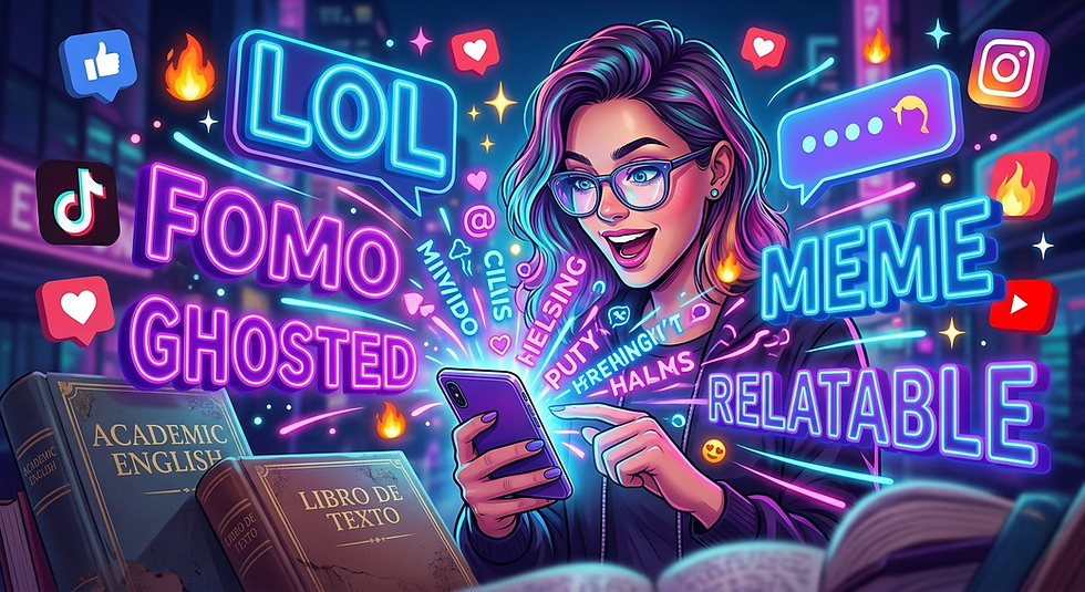 Mujer joven aprendiendo inglés online frente al mar, con palabras de slang como LOL, FOMO y meme, representando el inglés moderno y clases de inglés online