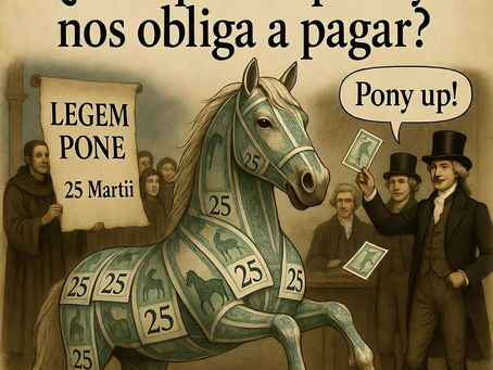 Ilustración vintage de la expresión "pony up": un poni hecho de billetes antiguos de 25 libras junto a la frase latina "legem pone" y caballeros británicos del siglo XVIII