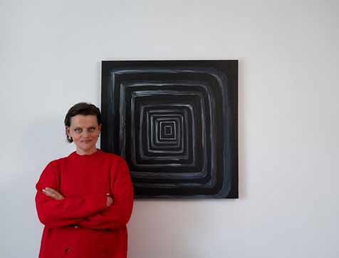 Monochrome abstract painting titled "Mental Labyrinth No. 2 - The Quiet Centre", featuring concentric black and grey geometric forms that draw the eye toward a quiet central square.