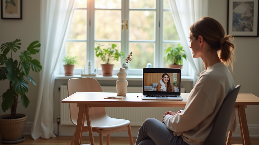 Eye-level view of a cozy home office setup for online physical therapy sessions