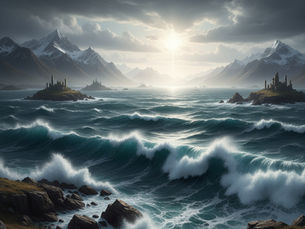 A breathtaking panorama of a tempestuous ocean under a dramatic sky. The sun, a radiant burst of light, pierces through a tapestry of dark, brooding clouds, casting an ethereal, silvery luminescence across the distant horizon. Monumental waves, imbued with raw, untamed power, relentlessly surge and crash against a jagged, imposing rocky coastline that dominates the foreground. In the background, majestic, snow-capped mountains ascend towards the heavens, their peaks veiled by the somber, overcast sky. Dispersed across the turbulent, expansive sea are numerous diminutive islands. Several of these islands are adorned with what appear to be ancient, crumbling ruins or structures heavily weathered by the ceaseless assault of time and elements. The overarching atmosphere conveyed is one of immense natural force, profound timelessness, and awe-inspiring grandeur.