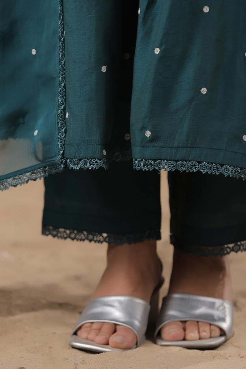 Thumbnail: Bottle Green Silk and Georgette dupatta three piece suit