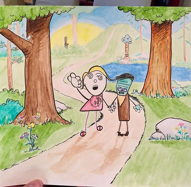 My 5 yr old drew herself with Frankenstein and then asked me to draw them walking in the woods