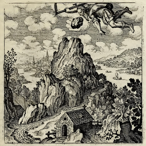 Emblem 12: The Stone which Saturn, after devouring his son, vomited up, is placed on Mount Helicon